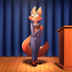 Size: 2550x2550 | Tagged: safe, artist:ciderbunart, diane foxington (the bad guys), canine, fox, mammal, anthro, dreamworks animation, the bad guys, 2022, bottomwear, clothes, digital art, ears, female, fur, glasses, looking up, orange body, orange fur, pants, shoes, signature, smiling, solo, solo female, tail, topwear, vixen, wide hips