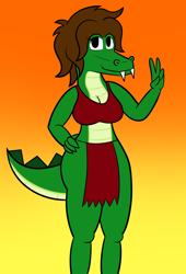 Size: 1022x1500 | Tagged: safe, artist:marcodile, oc, oc only, oc:marcodile (marcodile), crocodile, crocodilian, reptile, anthro, breasts, brown hair, cleavage, clothes, fangs, female, gesture, gradient background, hair, hand on hip, loincloth, peace sign, rule 63, sharp teeth, smiling, solo, solo female, spikes, tail, teeth, topwear