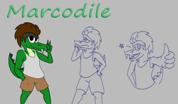 Size: 4796x2804 | Tagged: safe, artist:marcodile, oc, oc only, oc:marcodile (marcodile), crocodile, crocodilian, reptile, anthro, bottomwear, brown hair, character name, clothes, gesture, hair, hand in pocket, hand on hip, headband, headwear, looking at you, male, one eye closed, open mouth, open smile, peace sign, reference sheet, sharp teeth, shirt, shorts, smiling, solo, solo male, spikes, star, tail, teeth, thumbs up, topwear, winking