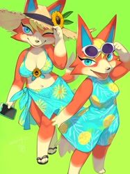 Size: 2048x2732 | Tagged: safe, artist:kame, audie (animal crossing), canine, mammal, wolf, anthro, animal crossing, animal crossing: new horizons, nintendo, 2022, 2d, belly button, bikini, bikini top, blue eyes, breasts, chibi, clothes, dress, female, flower, front view, fur, green background, hair, muumuu, one eye closed, orange body, orange fur, plant, pose, sandals, sarong, shoes, simple background, solo, solo female, straw hat, sunflower, swimsuit, three-quarter view, winking, yellow hair