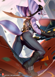Size: 897x1269 | Tagged: safe, artist:pakwan008, rivet (r&c), fictional species, lombax, mammal, anthro, ratchet & clank, 2022, big breasts, breasts, butt, clothes, ears, female, looking at you, looking back, looking back at you, prosthetic arm, prosthetics, scarf, smiling, smiling at you, solo, solo female, tail, thighs