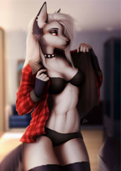 Size: 905x1280 | Tagged: safe, artist:rrrs, loona (vivzmind), canine, fictional species, hellhound, mammal, anthro, hazbin hotel, helluva boss, 2021, breasts, clothes, ear fluff, female, fluff, hair, long hair, looking at you, solo, solo female, tail, tail fluff, thighs, white hair