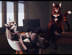 Size: 1280x981 | Tagged: safe, artist:rrrs, loona (vivzmind), oc, canine, cat, feline, fictional species, hellhound, mammal, anthro, digitigrade anthro, hazbin hotel, helluva boss, 2021, breasts, clothes, duo, duo female, ear fluff, female, females only, fluff, hair, long hair, looking at you, looking back, looking back at you, red hair, smiling, solo, solo female, tail, tail fluff, thighs, white hair
