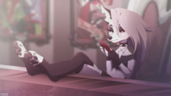 Size: 1280x720 | Tagged: safe, artist:anifansy, loona (vivzmind), canine, fictional species, hellhound, mammal, anthro, digitigrade anthro, hazbin hotel, helluva boss, 2021, cell phone, clothes, ears, female, gray hair, hair, long hair, phone, smartphone, solo, solo female