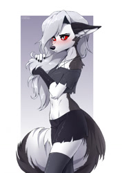 Size: 905x1280 | Tagged: safe, artist:anifansy, loona (vivzmind), canine, fictional species, hellhound, mammal, anthro, hazbin hotel, helluva boss, 2021, border, breasts, clothes, ears, female, gray hair, hair, long hair, solo, solo female, tail, thighs, white border