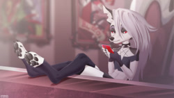 Size: 1280x720 | Tagged: safe, alternate version, artist:anifansy, loona (vivzmind), canine, fictional species, hellhound, mammal, anthro, digitigrade anthro, hazbin hotel, helluva boss, 2021, cell phone, clothes, ears, female, gray hair, hair, legwear, long hair, phone, smartphone, solo, solo female, thigh highs