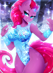 Size: 2200x3000 | Tagged: safe, artist:koveliana, tempest shadow (mlp), equine, fictional species, mammal, pony, unicorn, anthro, friendship is magic, hasbro, my little pony, my little pony: the movie, 2019, anthrofied, bedroom eyes, breasts, broken horn, clothes, commission, dress, eye scar, eyelashes, female, hair, high res, horn, mane, mare, purple body, red hair, red mane, red tail, scar, solo, solo female, sparkles, tail