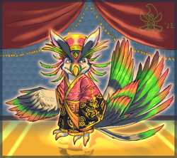 Size: 2480x2201 | Tagged: safe, artist:dahbastard, artist:eukaryoticprokaryote, artist:eukayoticprokaryote, bird, hybrid, clothes, colorful, fantasy, feathers, gold, jewel, magical, male, mystical, robe, silk, solo, solo male