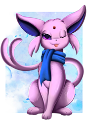 Size: 2550x3509 | Tagged: safe, artist:pridark, eeveelution, espeon, fictional species, mammal, feral, nintendo, pokémon, ambiguous gender, clothes, commission, one eye closed, scarf, solo, tail, tongue, tongue out, winking