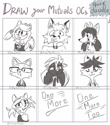 Size: 1807x2048 | Tagged: safe, artist:chuchito72, oc, oc only, oc:abbie white (plusthirtyone), oc:belang (emerycallahan44), oc:betty (laizd), oc:snow the arctic fox (snowthearcticfox), arctic fox, canine, cat, dog, feline, fox, mammal, anthro, chest fluff, draw your mutuals ocs, ear fluff, female, fluff, glasses, grayscale, male, meme, monochrome, open mouth, open smile, smiling