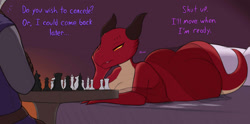 Size: 2600x1287 | Tagged: safe, artist:basileus_kierus, fictional species, human, kobold, mammal, reptile, anthro, 2022, big butt, breasts, butt, chess, cleavage, dialogue, female, female focus, horns, lying down, male, solo focus, tail, talking, thick thighs, thighs, wide hips