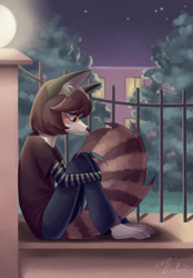 Size: 1280x1836 | Tagged: safe, artist:kiselan, mammal, procyonid, raccoon, anthro, 2020, barefoot, black nose, brown eyes, brown hair, brown tail, building, clothes, ear fluff, female, fence, fluff, fur, hair, house, jeans, night, night sky, outdoors, pants, plant, sad, side view, signature, sitting, sky, solo, solo female, striped tail, stripes, tail, tan body, tan fur, tree