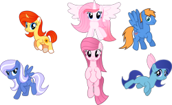 Size: 2658x1625 | Tagged: safe, artist:muhammad yunus, oc, oc only, oc:annisa trihapsari, oc:bluelight, oc:rozyfly, oc:starnight, oc:strawberries, oc:sunflower, alicorn, earth pony, equine, fictional species, mammal, pegasus, pony, unicorn, feral, friendship is magic, hasbro, my little pony, base used, bow, female, group, hair, hair bow, looking at you, male, mane, mare, sextet, simple background, smiling, smiling at you, stallion, tail, transparent background