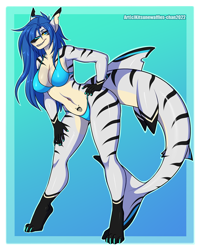 Size: 900x1125 | Tagged: safe, artist:kitsunewaffles, oc, oc only, fish, shark, anthro, digitigrade anthro, 2022, bedroom eyes, belly button, breasts, commission, digital art, eyelashes, female, fins, fish tail, hair, hand on hip, looking at you, pose, scales, shark tail, sharp teeth, smiling, smiling at you, solo, solo female, tail, tattoo, teeth, thighs, wide hips