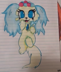 Size: 517x609 | Tagged: artist needed, source needed, useless source url, safe, sapphie (jewelpet), canine, cavalier king charles spaniel, dog, mammal, spaniel, semi-anthro, jewelpet (sanrio), sanrio, ears, female, garland, irl, lined paper, photo, photographed artwork, solo, solo female, tail, traditional art