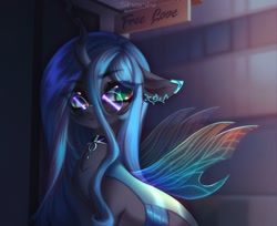 Size: 2108x1723 | Tagged: safe, artist:fardros, queen chrysalis (mlp), arthropod, changeling, equine, fictional species, mammal, feral, friendship is magic, hasbro, my little pony, 2022, black body, blue hair, blue mane, choker, ear markings, eye through hair, female, glasses, hair, insect wings, jagged horn, mane, mare, round glasses, solo, solo female, wings
