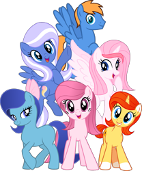 Size: 1615x1943 | Tagged: safe, artist:muhammad yunus, oc, oc only, oc:annisa trihapsari, oc:bluelight, oc:rozyfly, oc:starnight, oc:strawberries, oc:sunflower, alicorn, earth pony, equine, fictional species, mammal, pegasus, pony, unicorn, feral, friendship is magic, hasbro, my little pony, base used, female, gritted teeth, group, hair, happy, looking at you, male, mane, mare, medibang paint, open mouth, simple background, smiling, smiling at you, stallion, tail, teeth, transparent background