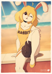 Size: 1024x1449 | Tagged: safe, artist:fox-popvli, carrot (one piece), fictional species, lagomorph, mammal, mink tribe, rabbit, anthro, one piece, beach, blonde hair, cap, clothes, cloud, female, fur, hair, hat, headwear, looking at you, ocean, one eye closed, open mouth, open smile, sitting, sky, smiling, smiling at you, solo, solo female, thick thighs, thighs, water, white body, white fur, wide hips, winking