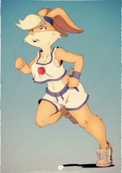 Size: 2383x3371 | Tagged: safe, artist:fox-popvli, lola bunny (looney tunes), lagomorph, mammal, rabbit, anthro, looney tunes, warner brothers, bedroom eyes, belly button, big breasts, bouncing breasts, breasts, buckteeth, clothes, crop top, female, jogging, midriff, open mouth, running, solo, solo female, sweat, teeth, thick thighs, thighs, tired, topwear, wide hips