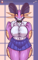 Size: 827x1280 | Tagged: safe, artist:lyorenth-the-dragon, oc, oc only, fictional species, swampert, anthro, nintendo, pokémon, 2022, big breasts, blushing, bottomwear, bra, breasts, choker, clothes, female, looking at you, skirt, solo, solo female, starter pokémon, thick thighs, thighs, underwear, voluptuous, wide hips