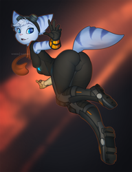 Size: 1478x1920 | Tagged: safe, artist:valkoinen, rivet (r&c), fictional species, lombax, mammal, anthro, ratchet & clank, 2020, bandanna, boots, breasts, butt, clothes, digital art, ear piercing, ears, eyelashes, female, fur, gloves, goggles, goggles on head, hair, piercing, pink nose, pose, prosthetic arm, prosthetics, rear view, shoes, sideboob, simple background, solo, solo female, suit, tail, thighs, wide hips