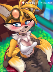 Size: 944x1280 | Tagged: safe, artist:whisperfoot, miles "tails" prower (sonic), canine, fox, mammal, red fox, anthro, sega, sonic the hedgehog (series), 2022, big breasts, breasts, clothes, downblouse, ears, female, gloves, goggles, goggles on head, hair, high angle, jumpsuit, looking at you, midriff, mila "tails" prower, multiple tails, rule 63, smiling, smiling at you, solo, solo female, tail, tailsko, tied around waist, two tails, vixen