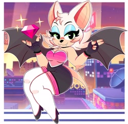 Size: 3100x3000 | Tagged: safe, artist:wirelessshiba, rouge the bat (sonic), bat, mammal, anthro, sega, sonic the hedgehog (series), 2022, bat wings, breasts, clothes, eyebrows, eyelashes, fangs, featured image, female, fingerless gloves, gem, gloves, green eyes, high heels, looking at you, sharp teeth, shoes, solo, solo female, sparkles, teeth, webbed wings, wings