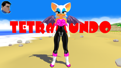 Size: 1280x720 | Tagged: suggestive, artist:tetramundo, rouge the bat (sonic), bat, mammal, sega, sonic the hedgehog (series), 16:9, 2022, 3d, bat wings, bedroom eyes, black nose, boots, breasts, cameltoe, clothes, digital art, ears, eyelashes, female, fur, gloves, looking at you, nipple outline, shoes, solo, solo female, suit, tail, thighs, webbed wings, wide hips, wings