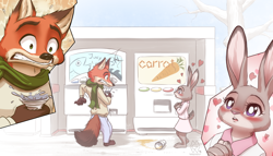 Size: 3150x1800 | Tagged: safe, artist:mykegreywolf, judy hopps (zootopia), nick wilde (zootopia), canine, fox, lagomorph, mammal, rabbit, red fox, anthro, digitigrade anthro, disney, zootopia, 2016, 2d, blushing, breasts, clothes, digital art, dress, drink, duo, ears, eyelashes, featured image, female, fur, gritted teeth, heart, holding, kawaii, looking at each other, male, male/female, open mouth, picture-in-picture, pink nose, scarf, shocked, shocked expression, speech bubble, tail, teeth, there she is!!, thighs, vending machine