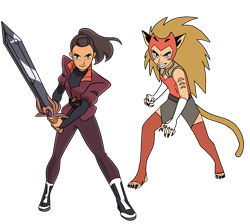 Size: 4000x3580 | Tagged: safe, edit, adora (she-ra), catra (she-ra), animal humanoid, fictional species, human, mammal, humanoid, dreamworks animation, she-ra and the princesses of power, barefoot, catra, catra is lesbian, catradora, color edit, feet, heterochromia, recolor, simple background, sword, transparent background, weapon