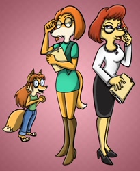 Size: 1002x1222 | Tagged: safe, artist:shinragod1, suki lane (sing), canine, dog, fox, mammal, saluki, anthro, a goofy movie, disney, illumination entertainment, sing (film), 2022, an extremely goofy movie, bedroom eyes, boots, clothes, feet, female, flip flops, glasses, group, high heel boots, high heels, looking at you, open mouth, open smile, round glasses, sandals, shoes, smiling, smiling at you, sylvia marpole (an extremely goofy movie), toes, trio