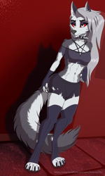 Size: 768x1280 | Tagged: safe, artist:leopon276, loona (vivzmind), canine, fictional species, hellhound, mammal, anthro, digitigrade anthro, hazbin hotel, helluva boss, 2022, belly button, bottomwear, breasts, clothes, crop top, cropped shirt, ear fluff, female, fluff, gray hair, gray mane, gray tail, hair, long hair, looking at you, mane, midriff, red eyes, shorts, smiling, smiling at you, solo, solo female, tail, tail fluff, thighs, topwear, white body