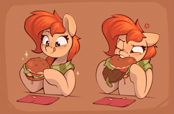 Size: 1395x914 | Tagged: safe, artist:rexyseven, oc, oc only, oc:rusty gears, equine, mammal, pony, feral, hasbro, my little pony, burger, cheese, dairy products, ears, female, food, fur, hair, hamburger, lettuce, meat, pickle, red hair, simple background, solo, solo female, tomato, vegetables