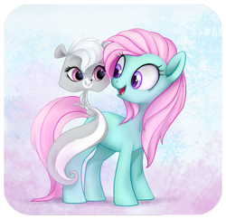 Size: 1021x990 | Tagged: safe, artist:mn27, pepper clark (lps), earth pony, equine, fictional species, mammal, pony, skunk, feral, hasbro, littlest pet shop, littlest pet shop (2012), my little pony, my little pony g3, 2013, crossover, duo, duo female, female, females only, fur, gray body, gray fur, green body, green fur, hair, looking at each other, mane, mare, minty (mlp g3), on model, open mouth, open smile, pink eyes, pink hair, pink mane, pink tail, purple eyes, smiling, tabitha st. germain, tail, voice actor joke, white hair