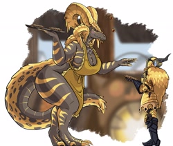 Size: 2048x1737 | Tagged: safe, artist:samwichart, fictional species, human, kulve taroth, mammal, monster, reptile, anthro, monster hunter, apron, armor, big tail, blushing, breasts, clothes, cookie, female, food, horns, huge breasts, male, naked apron, nudity, partial nudity, size difference, tail, thick thighs, thighs, wide hips