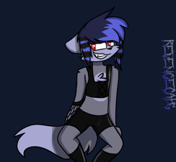 Size: 1620x1489 | Tagged: safe, artist:revenge.cats, canine, mammal, wolf, anthro, cheek fluff, chest fluff, clothes, fangs, fluff, fur, hair, male, red eyes, sharp teeth, simple background, sitting, smiling, solo, solo male, tail, tail fluff, teeth, watermark