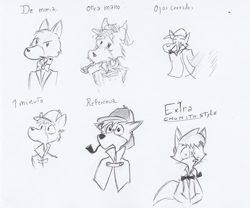 Size: 3473x2896 | Tagged: safe, artist:chuchito72, sherlock hound (sherlock hound), canine, dog, mammal, anthro, sherlock hound (series), 1 minute art challenge, bow, bow tie, cloak, closed eyes challenge, clothes, grayscale, hair, hat, headwear, male, monochrome, non-dominant hand drawing, shirt, smoking pipe, solo, solo male, style emulation, tail, topwear, traditional art, vest