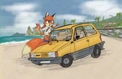 Size: 3379x2184 | Tagged: safe, artist:chuchito72, oc, oc only, oc:patty (fox-popvli), canine, fox, mammal, anthro, beach, bikini, bikini bottom, bottle, car, clothes, cloud, colored, container, crop top, digitally colored, female, fur, gift art, green eyes, holding, holding object, ocean, open mouth, open smile, orange body, orange fur, outdoors, plant, sand, smiling, solo, solo female, swimsuit, tail, tied shirt, topwear, tree, vehicle, vixen, water