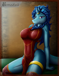 Size: 983x1280 | Tagged: safe, alternate version, artist:bomzzzik, sisu (raya and the last dragon), dragon, eastern dragon, fictional species, anthro, disney, raya and the last dragon, 2022, belly button, breasts, clothes, digital art, dragoness, dress, ears, eyelashes, female, hair, horn, legwear, looking at you, scales, sitting, solo, solo female, stockings, tail, thighs, wide hips