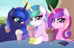 Size: 1920x1242 | Tagged: safe, artist:ratofdrawn, princess cadence (mlp), princess celestia (mlp), princess luna (mlp), alicorn, equine, fictional species, mammal, pony, feral, friendship is magic, hasbro, my little pony, 2d, blue body, blue eyes, blue fur, blue hair, blue mane, cute, drinking, drinking straw, female, females only, front view, fur, hair, looking at you, mane, mare, milkshake, multicolored mane, multicolored tail, pink body, pink eyes, pink fur, purple eyes, sparkly hair, sparkly mane, tail, three-quarter view, trio, trio female, white body, white fur