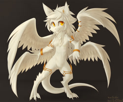 Size: 1442x1193 | Tagged: safe, artist:kluclew, oc, oc only, dragon, fictional species, furred dragon, mammal, anthro, digitigrade anthro, 2018, 3 toes, 4 fingers, 4 wings, accessories, amber eyes, barefoot, bipedal, breasts, chest fluff, ear piercing, fangs, feathered wings, feathers, featureless breasts, female, fluff, front view, fur, gold, gold wristband, hair, leg accessory, leg fluff, monotone feathers, monotone fur, multiple wings, nudity, piercing, sharp teeth, small breasts, standing, teeth, white body, white feathers, white fur, white hair, white wings, wings, yellow eyes