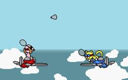 Size: 256x160 | Tagged: safe, artist:galbert, baxter (rhythm heaven), forthington (rhythm heaven), canine, cat, dog, feline, mammal, anthro, nintendo, rhythm heaven, aircraft, airplane, badminton, cloud, duo, duo male, goggles, low res, male, males only, pixel art, racket, rear view, show accurate, shuttlecock, sky, tail, vehicle