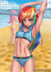 Size: 800x1132 | Tagged: suggestive, artist:racoonkun, artist:racoonsan, fluttershy (mlp), rainbow dash (mlp), human, mammal, friendship is magic, hasbro, my little pony, abs, armpits, beach, bikini, breasts, clothes, flat chest, humanized, looking at you, muscles, rainbow flat, small breasts, solo focus, species swap, swimsuit, volleyball net