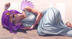 Size: 800x437 | Tagged: safe, artist:racoonkun, artist:racoonsan, pipp petals (mlp), human, mammal, humanoid, hasbro, my little pony, my little pony g5, spoiler:my little pony g5, 2d, barefoot, bedroom eyes, blushing, clothes, cute, dress, feet, female, grin, humanized, lying down, on side, smiling, solo, solo female, species swap, winged humanoid, wings