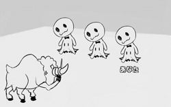 Size: 510x320 | Tagged: safe, alternate version, artist:minekolucky, chorus kid (rhythm heaven), bouffalant, fictional species, mammal, mimikyu, feral, humanoid, nintendo, pokémon, rhythm heaven, 2d, 2d animation, :3, animated, crossover, cub, frame by frame, gif, group, horns, humanoidized, japanese text, low res, male, males only, monochrome, on model, ribbon, smiling, species swap, squigglevision, stars, teeth, translation request, wig, young