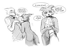 Size: 2802x1965 | Tagged: suggestive, alternate version, artist:the-minuscule-task, juno (beastars), legoshi (beastars), canine, mammal, wolf, anthro, digitigrade anthro, beastars, 2020, anthro/anthro, bedroom eyes, black nose, blushing, breasts, butt, cheek fluff, clothed male nude female, clothes, dialogue, digital art, duo, ears, eyelashes, female, female focus, fluff, fur, implied sex, looking at each other, looking at you, male, male/female, monochrome, nudity, offscreen character, open mouth, pov, rear view, school uniform, senpai, simple background, solo focus, speech bubble, tail, talking, text, thighs, white background, wide hips