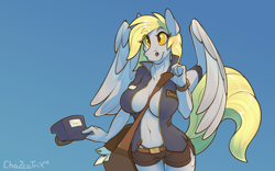 Size: 2304x1440 | Tagged: suggestive, artist:chazcatrix, derpy hooves (mlp), equine, fictional species, mammal, pegasus, pony, anthro, friendship is magic, hasbro, my little pony, 2019, 5 fingers, 8:5, absolute cleavage, amber eyes, belly button, belt, big breasts, blonde hair, bottomwear, breasts, cleavage, clothes, cutie mark, envelope, eyebrow through hair, eyebrows, eyelashes, female, fur, gray body, gray fur, hair, hat, headwear, high res, holding, holding object, jacket, mailbag, open clothes, open shirt, panties, pinup, raised tail, shirt, short shorts, shorts, signature, simple background, solo, solo female, standing, tail, thong, topwear, underwear, uniform, watch, wings, wristwatch