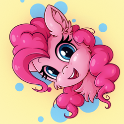 Size: 1600x1600 | Tagged: safe, artist:zeepheru_pone, pinkie pie (mlp), earth pony, equine, fictional species, mammal, pony, feral, friendship is magic, hasbro, my little pony, 2022, abstract background, blue eyes, bust, cheek fluff, chest fluff, cute, ear fluff, eyelashes, female, fluff, fur, hair, happy, looking at you, mane, mare, open mouth, open smile, pink body, pink fur, pink hair, pink mane, portrait, simple background, smiling, smiling at you, solo, solo female, yellow background