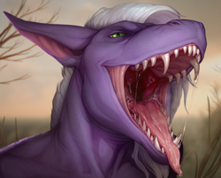 Size: 1280x1027 | Tagged: safe, artist:nevolsky, artist:poisewritik, collaboration, reptile, anthro, 2022, blurred background, bust, digital art, digital painting, front view, green eyes, hair, mawshot, open mouth, outdoors, portrait, purple body, saliva, saliva trail, sharp teeth, teeth, three-quarter view, tongue, tongue out, white hair