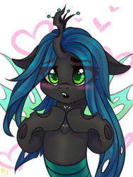 Size: 1200x1600 | Tagged: safe, artist:falafeljake, queen chrysalis (mlp), arthropod, changeling, changeling queen, equine, fictional species, mammal, feral, friendship is magic, hasbro, my little pony, 2022, 2d, blushing, crown, ears, eye through hair, fangs, female, floppy ears, hair, headwear, heart, hooves together, insect wings, jagged horn, jewelry, mare, regalia, sharp teeth, shy, simple background, solo, solo female, spread wings, teeth, white background, wings
